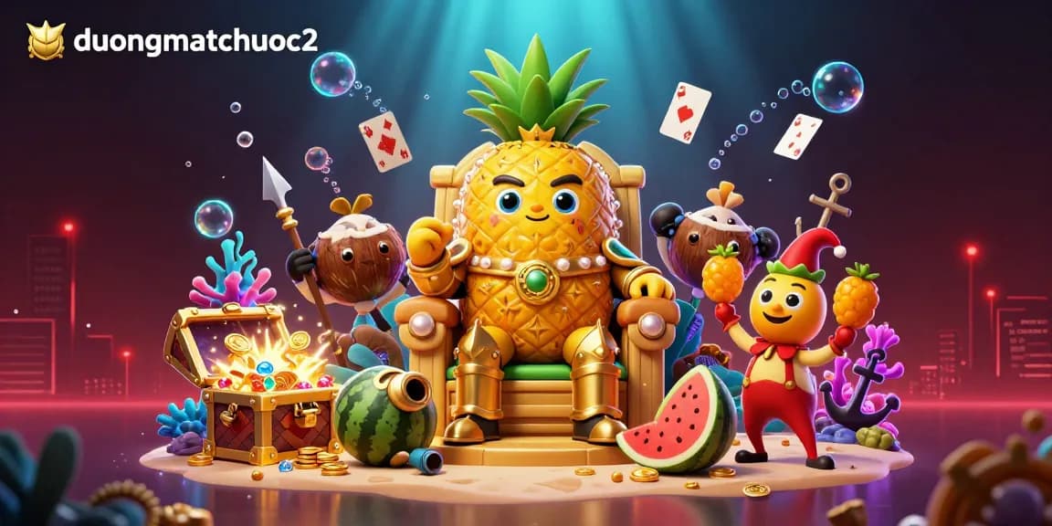 Experience duongmatchuoc2 with the golden pineapple king enjoying vibrant casino scene filled with treasures.