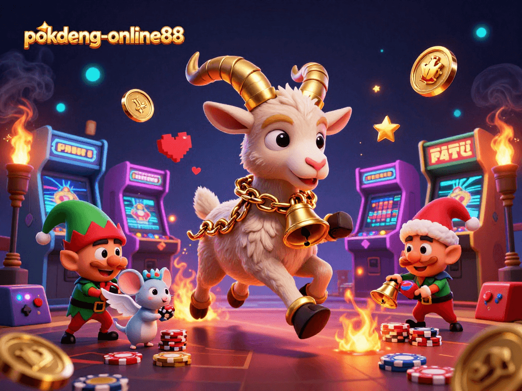Experience the engaging action of pokdeng-online88 with gremlins stealing chips in a festive casino.