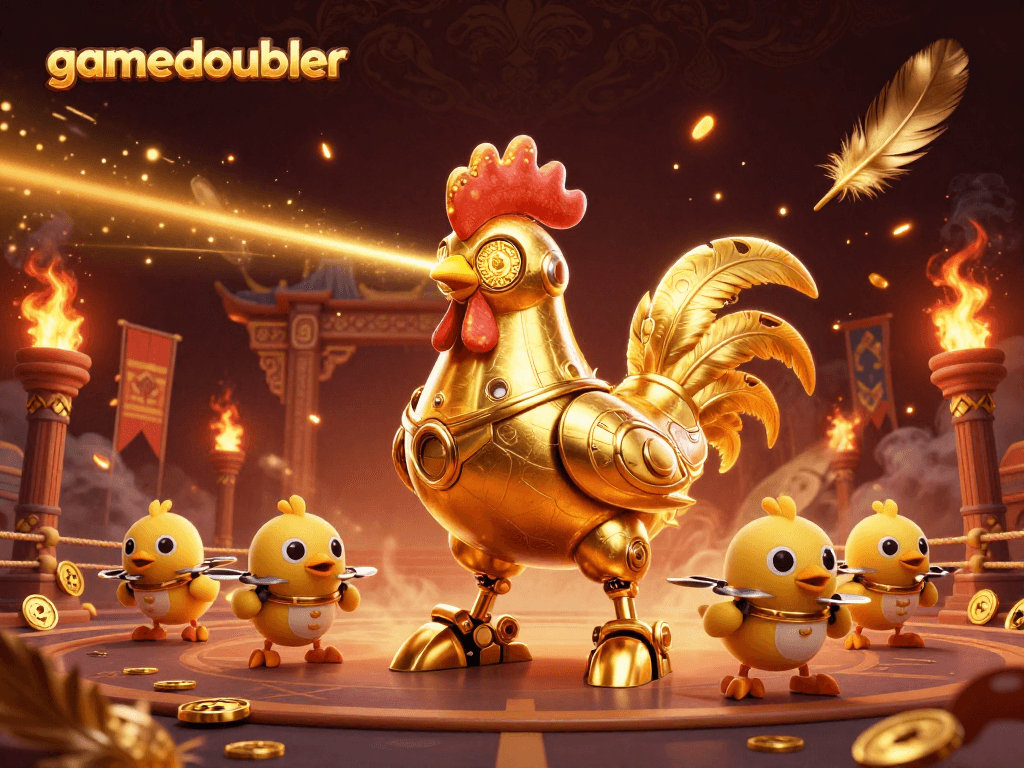 Play exciting games at gamedoubler with golden rooster robot and baby chick drones in a vibrant casino scene.