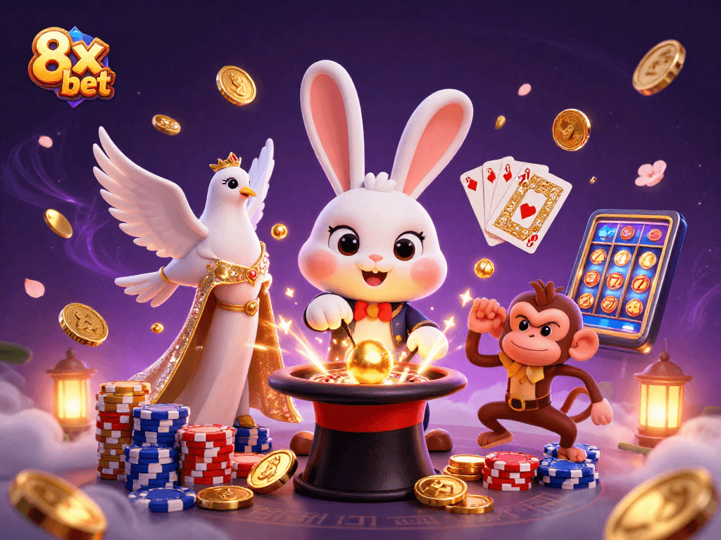Experience the excitement of 8x bet as a magician rabbit conjures gold coins with dazzling casino elements.