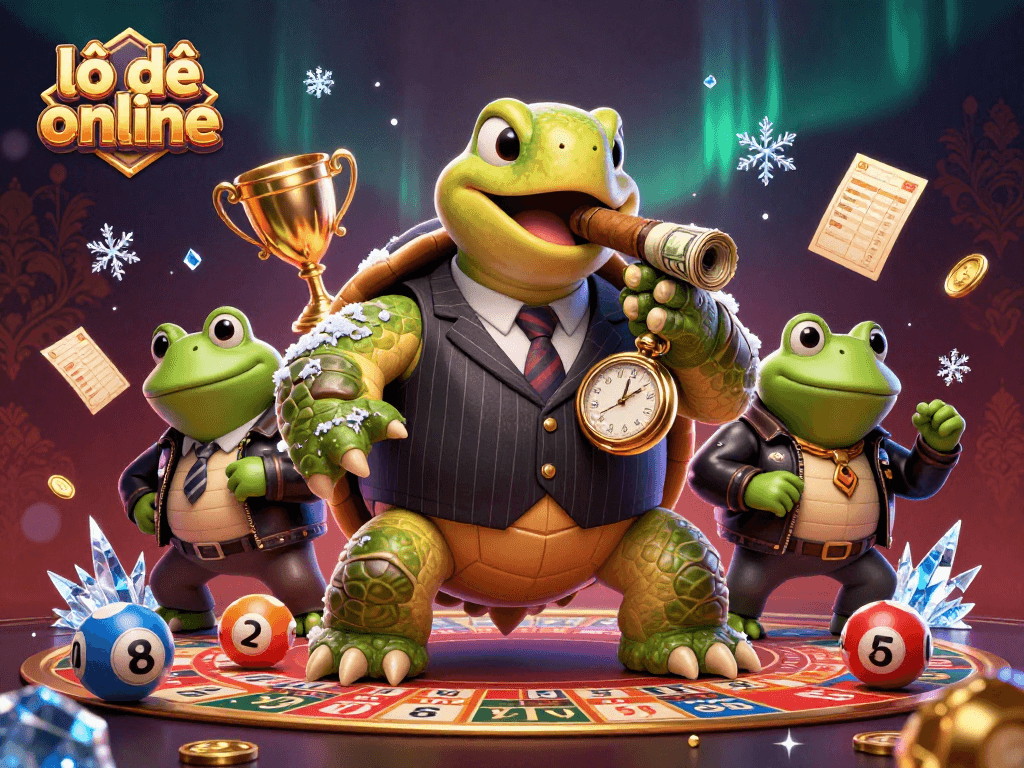 Engaging lô đề online scene featuring a turtle in mobster attire, showcasing vibrant lottery elements.