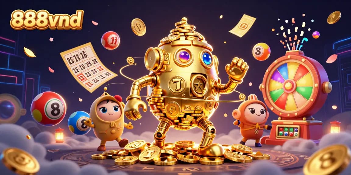 Experience the excitement of gaming at 888vnd with a magical 3D golden golem avatar amidst vibrant game elements.