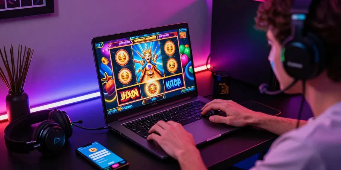 Player immersed in online slot gaming, featuring MPOCASH interface and vibrant graphics from https://www.benmillerband.com/