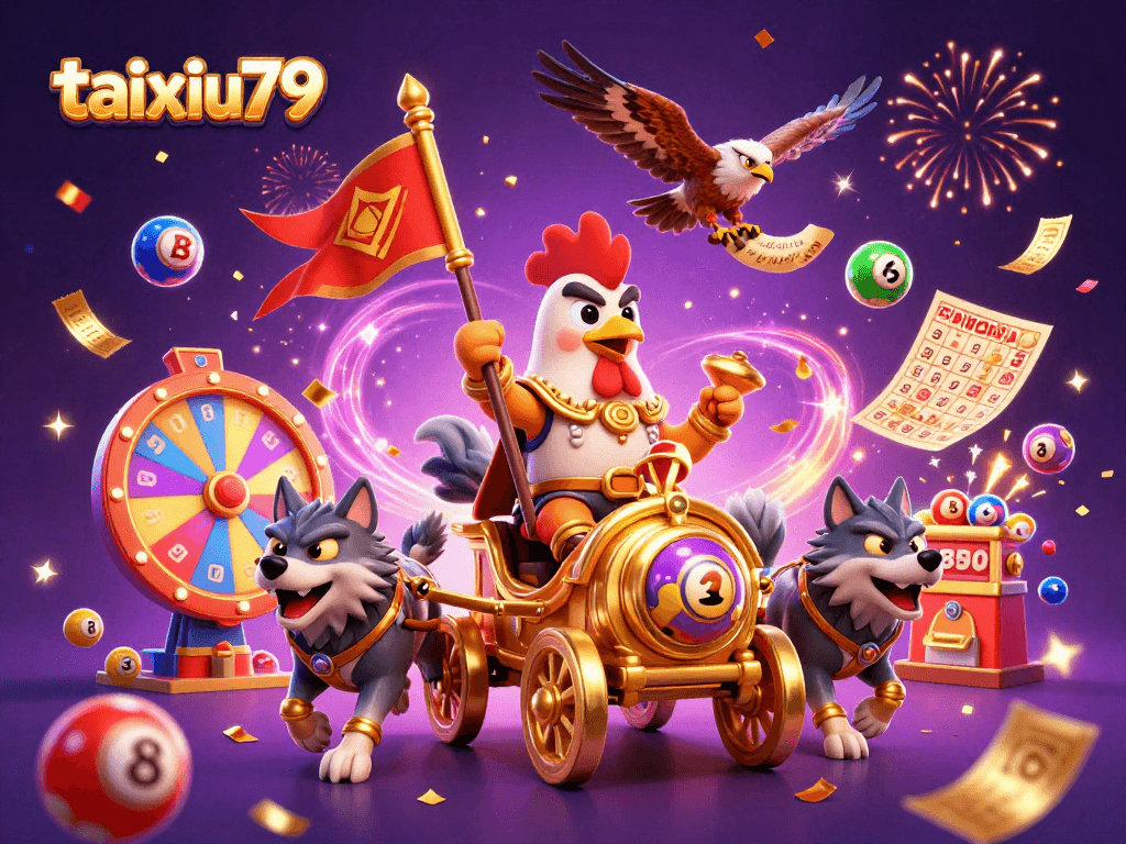 Experience taixiu79 with this vibrant scene of a cartoon rooster warlord leading an exciting casino adventure.