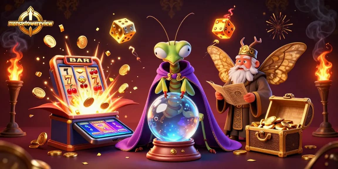 Engaging scene of a mystical praying mantis with fortune-telling crystal, enhancing the monstertowerreview excitement.