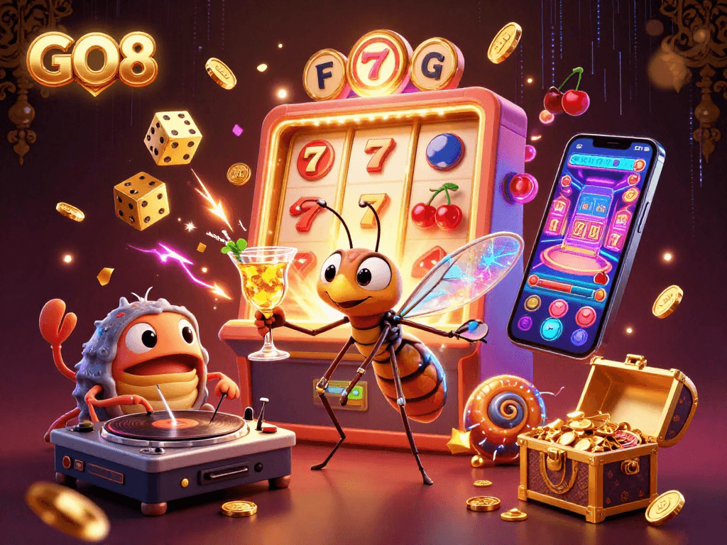 Experience the excitement of GO8 with a vibrant 3D digital illustration showcasing unique casino elements and characters.