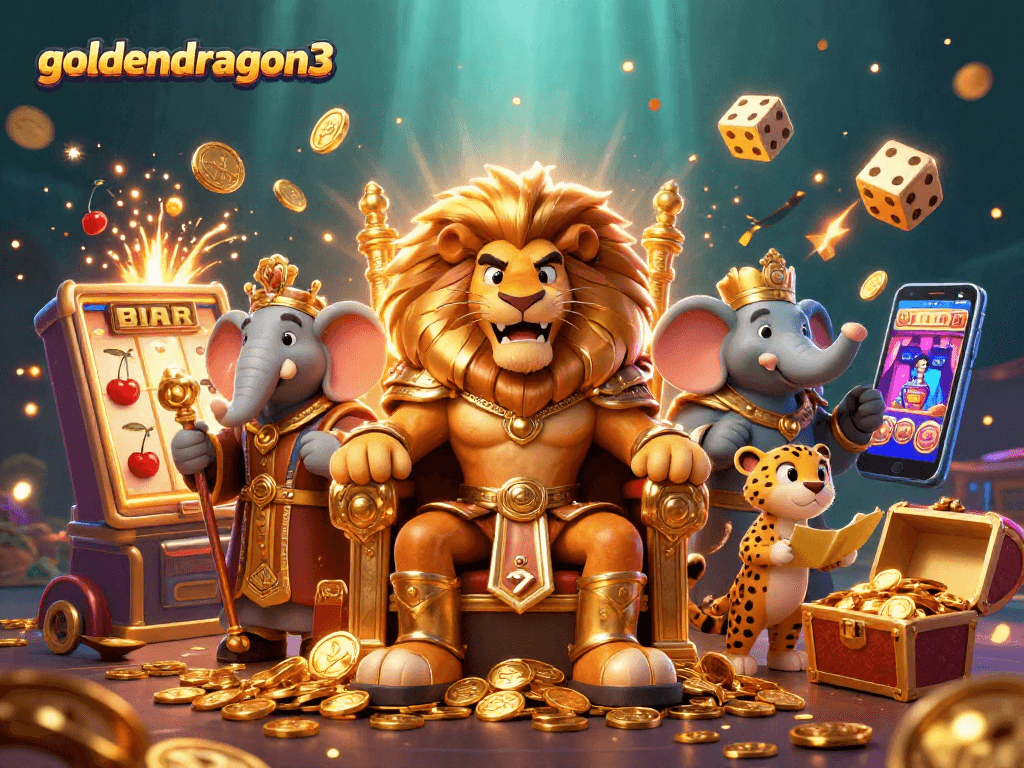 Win big with goldendragon3 in this extravagant casino illustration featuring royal characters and game elements.