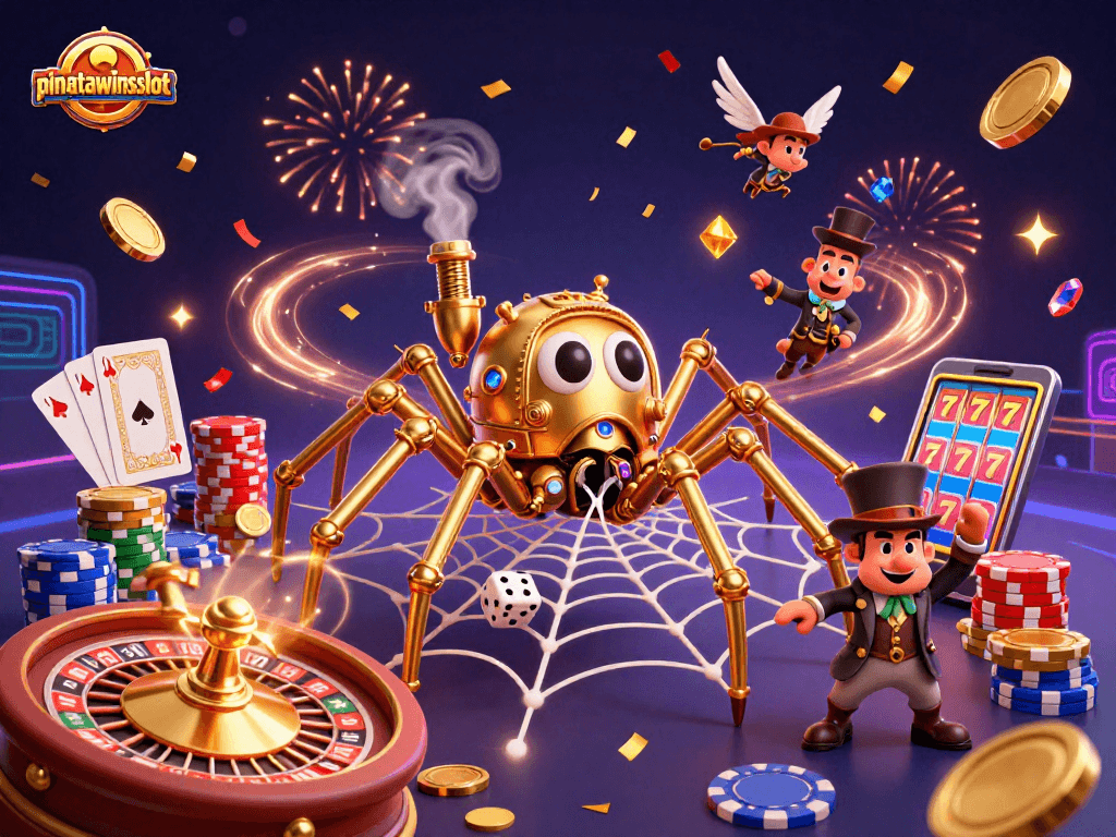 Experience excitement with pinatawinsslot as golden coins and gems cascade amidst vibrant characters and action.