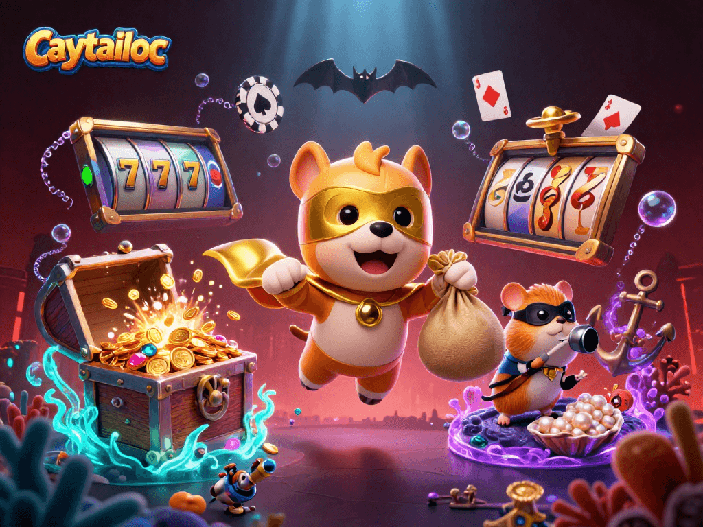 Engaging the action with caytailoc, a superhero dog flying high with a bag of gold and vibrant casino elements.