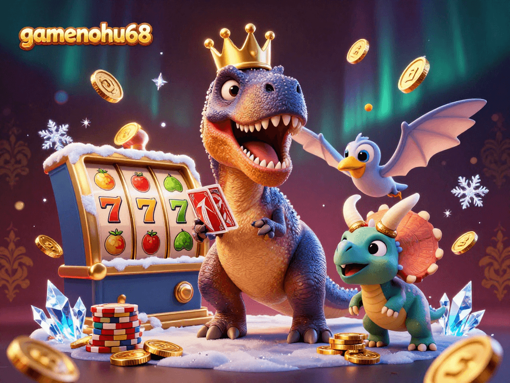 Interact in a festive 3D casino scene with gamenohu68 featuring playful dinosaurs and slot elements.