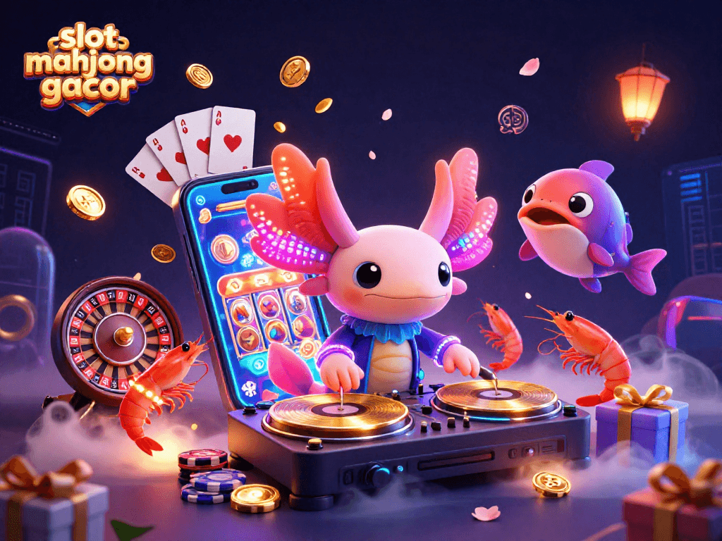 Experience slot mahjong gacor excitement with a vibrant DJ axolotl and animated casino elements.