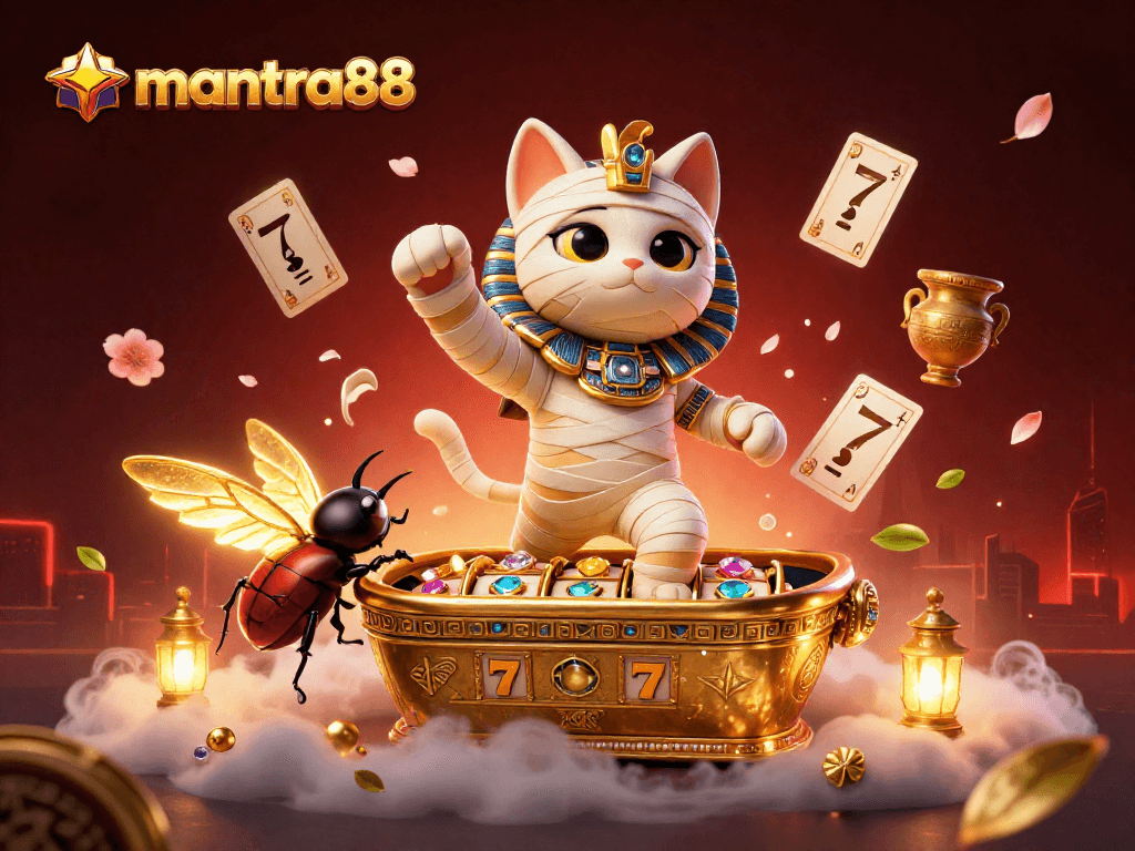 Engage with mantra88: Exciting slot action featuring a mummy cat and lively casino elements.
