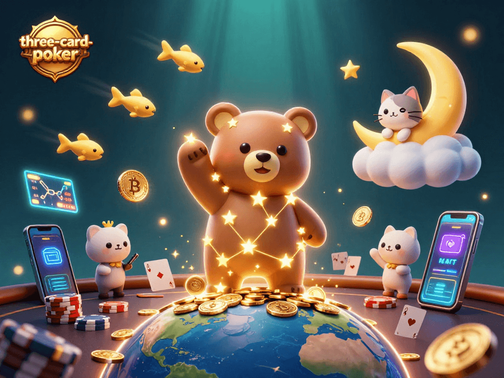 Join the thrilling world of three-card-poker with smiling stars and a colorful casino atmosphere.