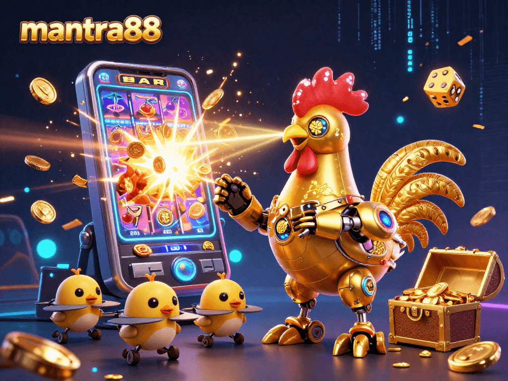 Experience thrilling slots with mantra88, featuring a dynamic golden rooster and jackpot explosion in a vibrant casino scene.