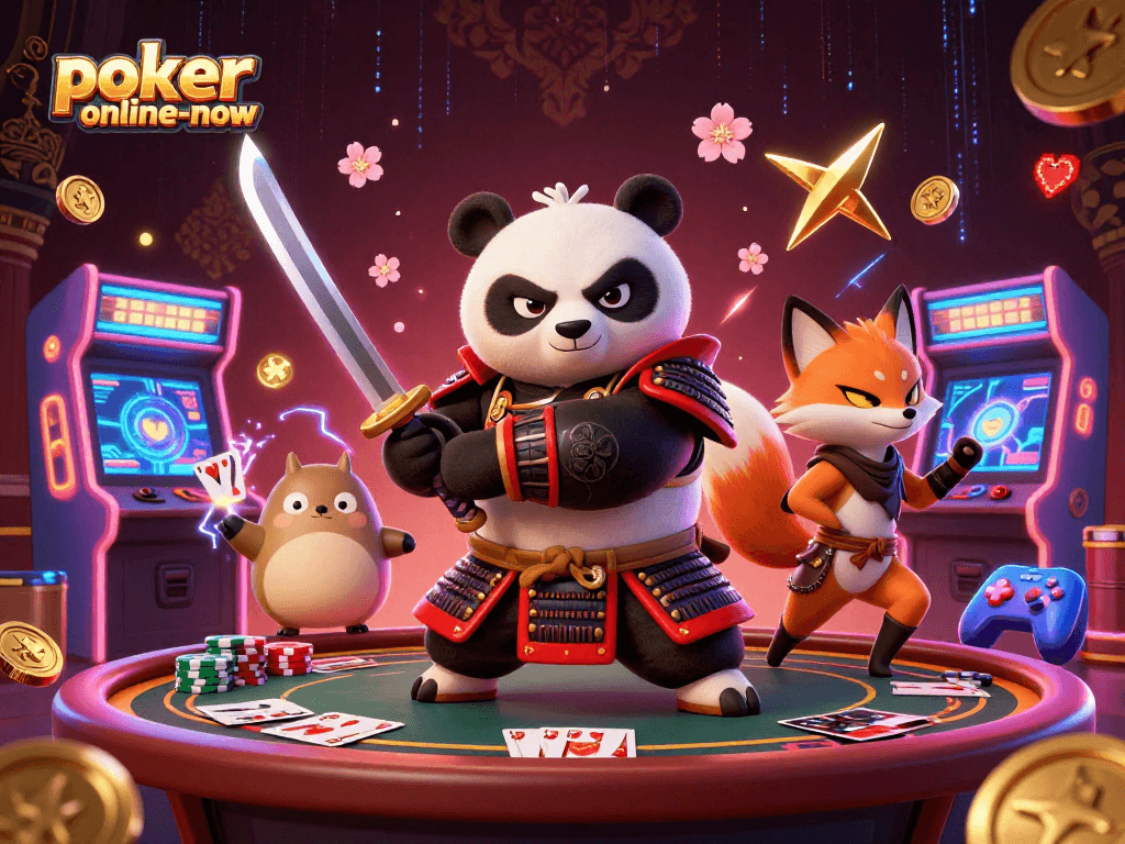 Engage in high-stakes poker action with poker-online-now, featuring a vibrant 3D illustration of iconic characters.