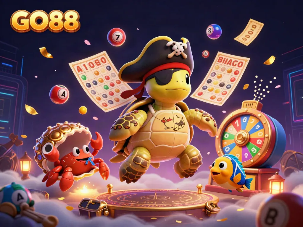 Experience winning with GO88 through a vibrant underwater scene featuring a pirate turtle, hermit crab, and parrotfish in a treasure-filled fantasy.