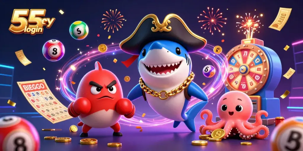 Play engaging lotteries with the vibrant scene of 55 lottery login characters featuring fun visuals and dynamic elements.
