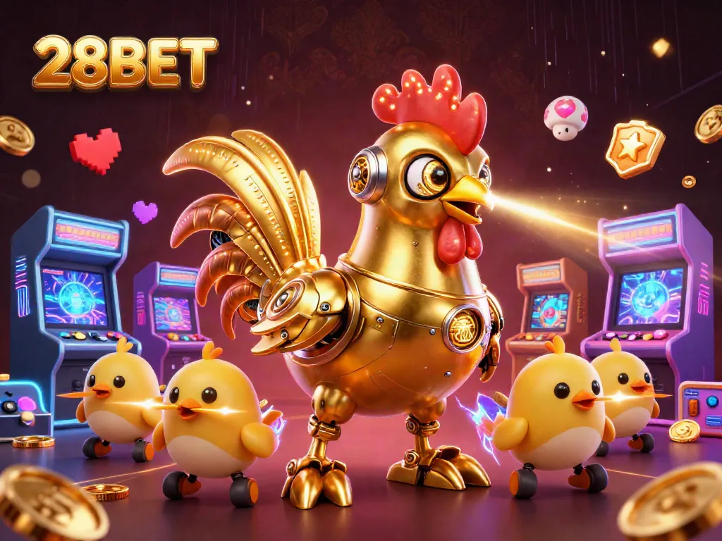 Engaging 28BET casino gaming scene with a futuristic golden rooster robot and vibrant arcade machines.