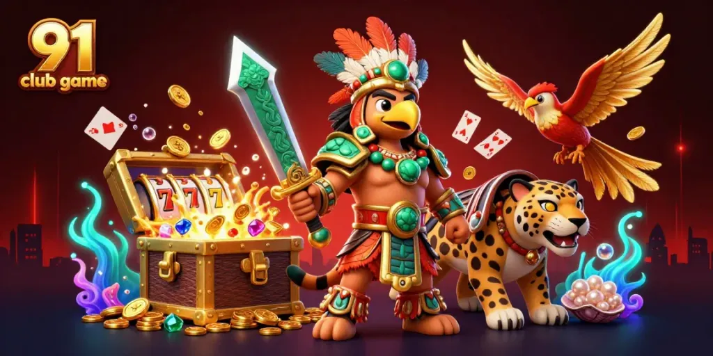 Engage in the 91 club game with action-packed characters and vibrant casino elements in a dynamic illustration.