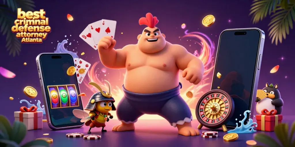 Engaging scene featuring vibrant characters highlighting the best criminal defense attorney Atlanta with casino game elements.