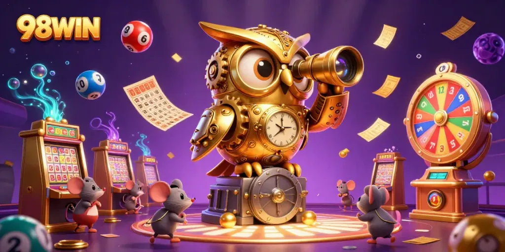 Experience the excitement of 98WIN with vibrant casino elements like spinning games and golden prizes.