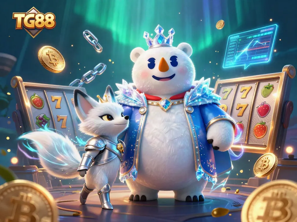 Join the excitement with TG88 as a polar bear and icy fox explore vibrant slots filled with crypto treasures.