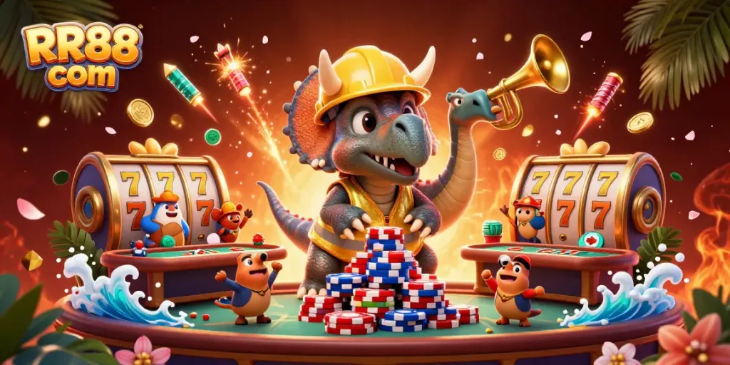 Engage with RR88 com's dynamic casino scene featuring a triceratops and poker-themed elements.