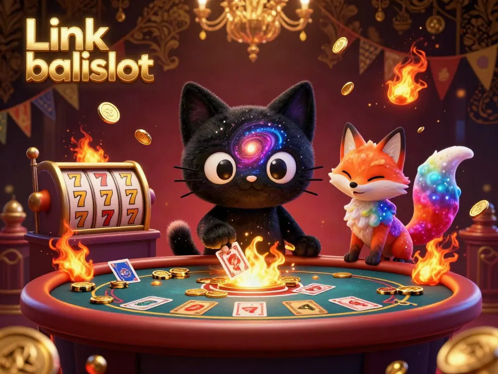 Win big at Link balislot with golden chips and dynamic casino elements around cheerful characters.
