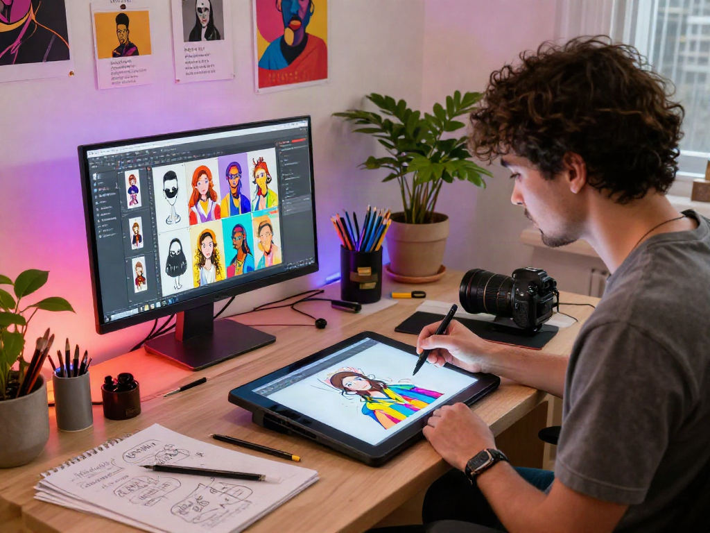 Professional artist creating ai nsfw illustrations in a vibrant digital workspace
