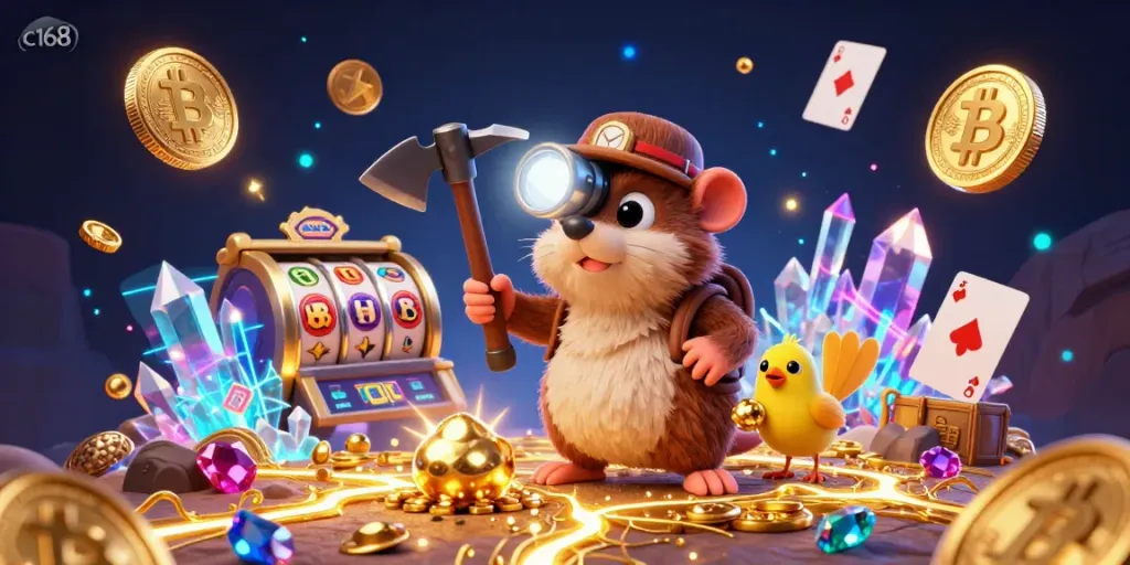 Experience the thrill of c168 gaming with a cartoon treasure hunter mole in a vibrant casino cave.