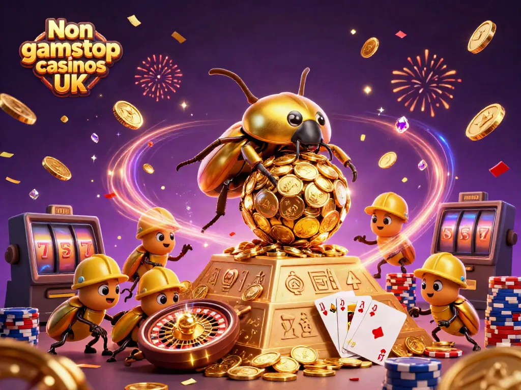 Engage with Non gamstop casinos UK featuring a rich 3D scene of unique gambling elements and vibrant characters.