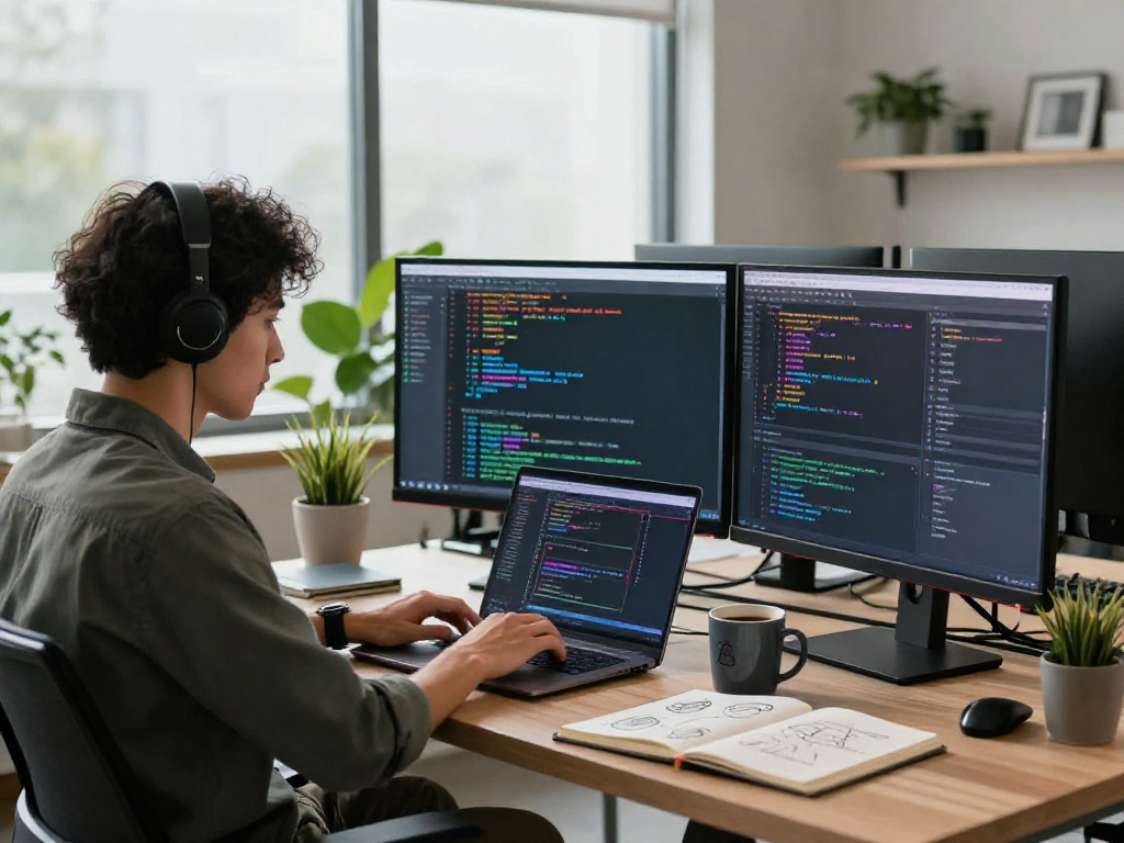 Developer focusing on juicy ai applications in a modern tech workspace, surrounded by vibrant code on monitors and creative elements.