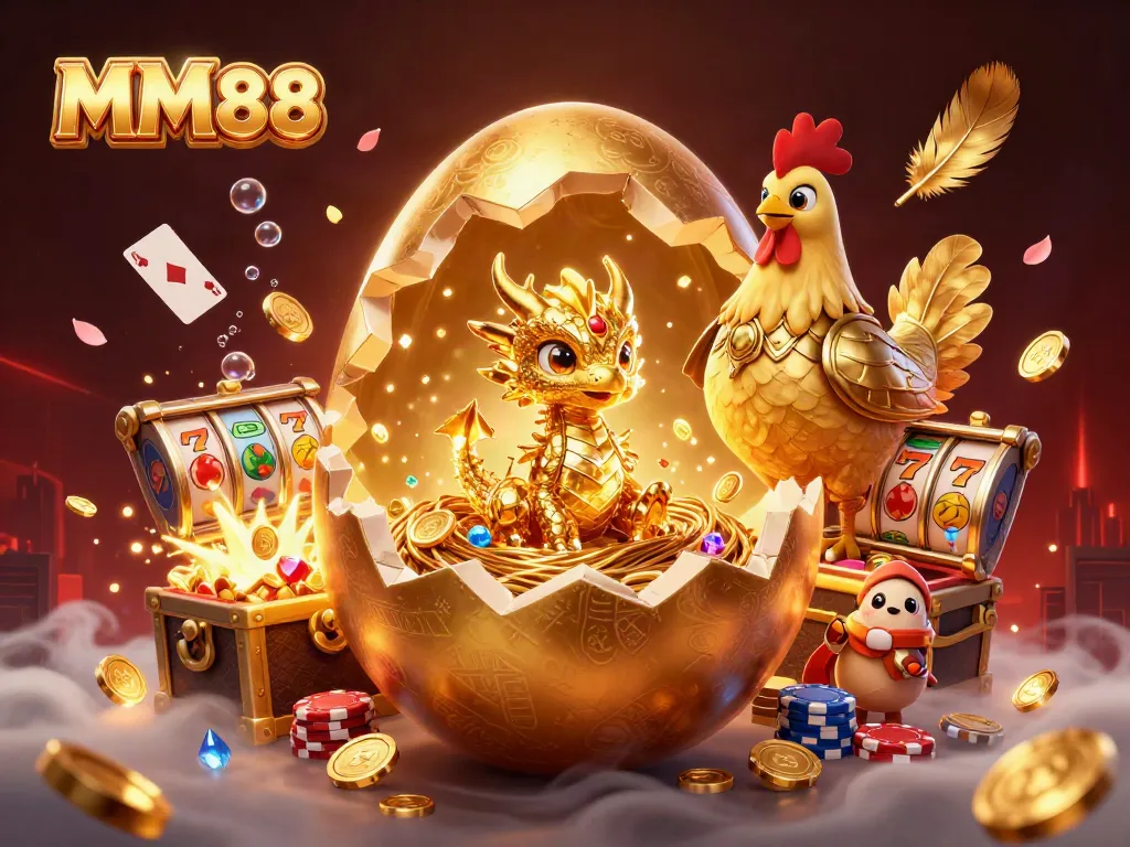 Join the action at MM88 with a golden dragon and vibrant casino elements for a thrilling gaming scene.