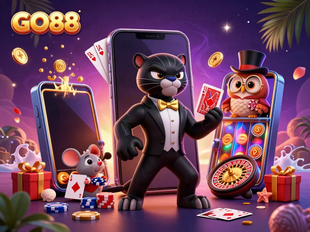 Experience the excitement of GO88 with a stylish black panther dealing cards in an engaging casino scene filled with colorful gaming elements.