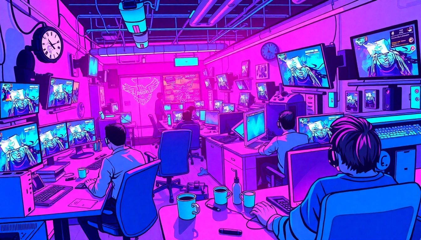 A vibrant gaming studio scene of a UK gaming company with developers in action.