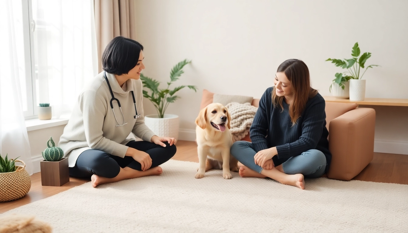 Psychologist with a dog in Sydney providing a warm therapy session, fostering connection and support.