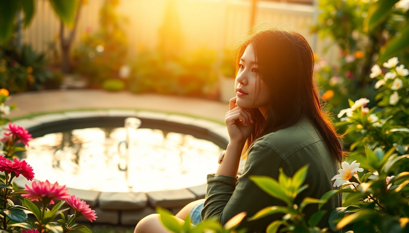 An innerpreneur reflecting deeply in a tranquil garden, surrounded by vibrant flowers.