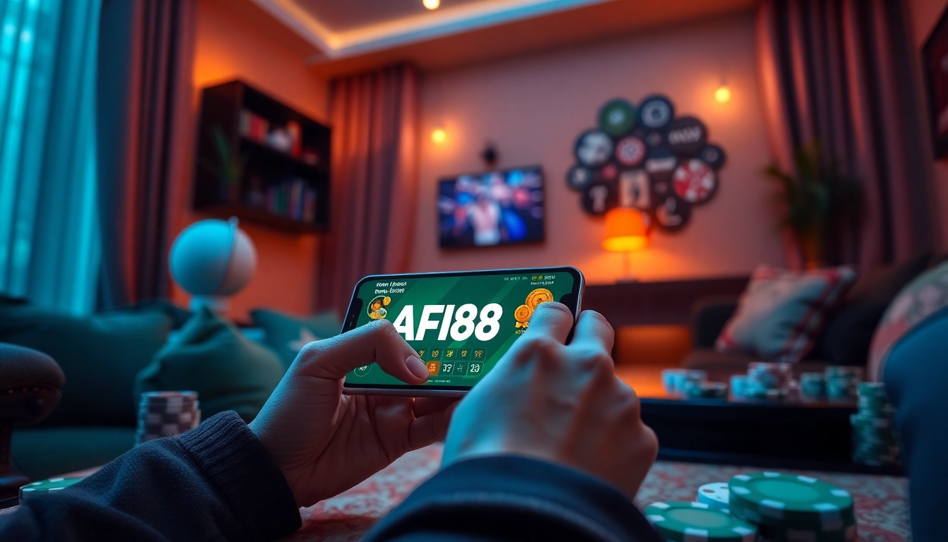 AF88 online gambling app interface displayed on a smartphone amidst casino elements, showcasing user-friendly experience.