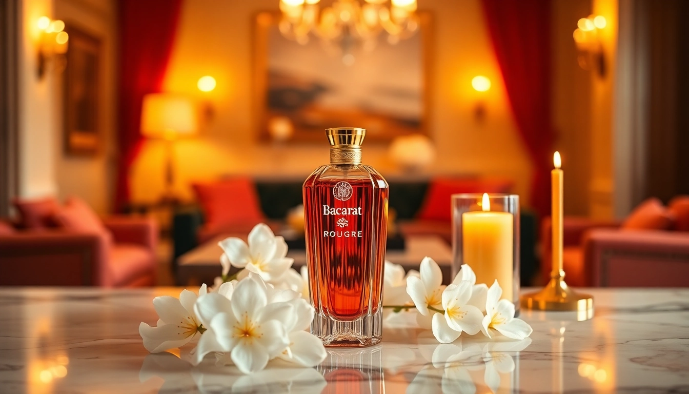 Experience the allure of baccarat rouge fragrance with its luxurious design and floral accents.