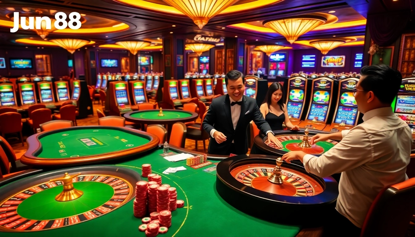 Experience the thrill of gambling at Jun88 with vibrant casino tables and excited players.