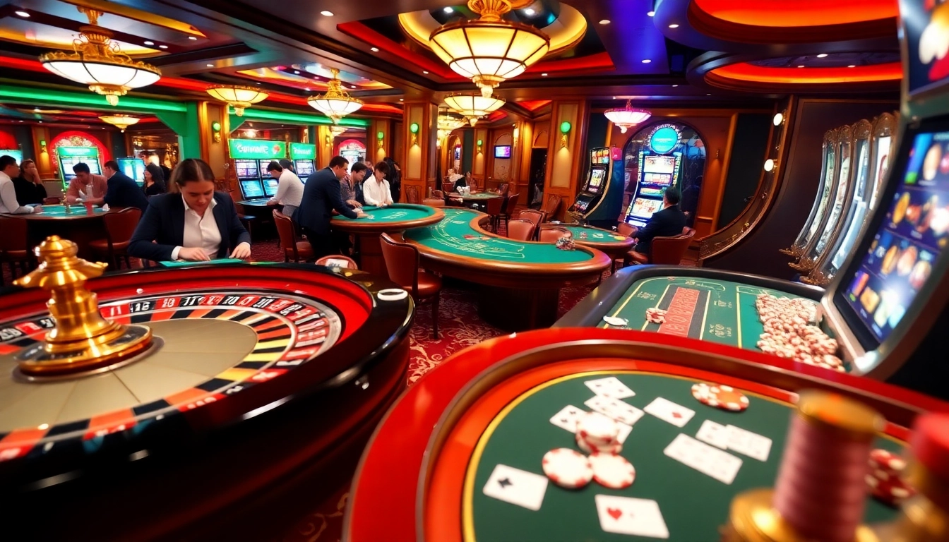Gamblers playing at tk88 casino with vibrant slots and poker tables alive with action.