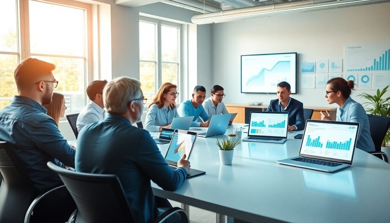 Professionals discussing E-defter solutions in a modern office setting, showcasing digital bookkeeping.