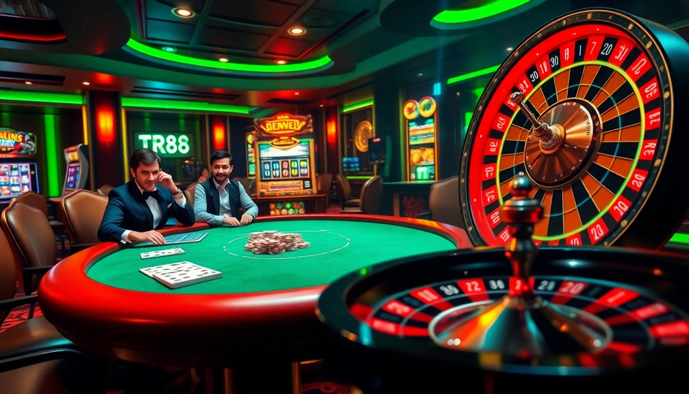 Excitement at a rr88 casino with high-stakes poker play, colorful game chips, and a dynamic slot machine.