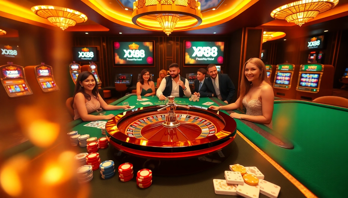 Experience high-stakes action at XX88 casino with vibrant tables, poker chips, and roulette excitement.