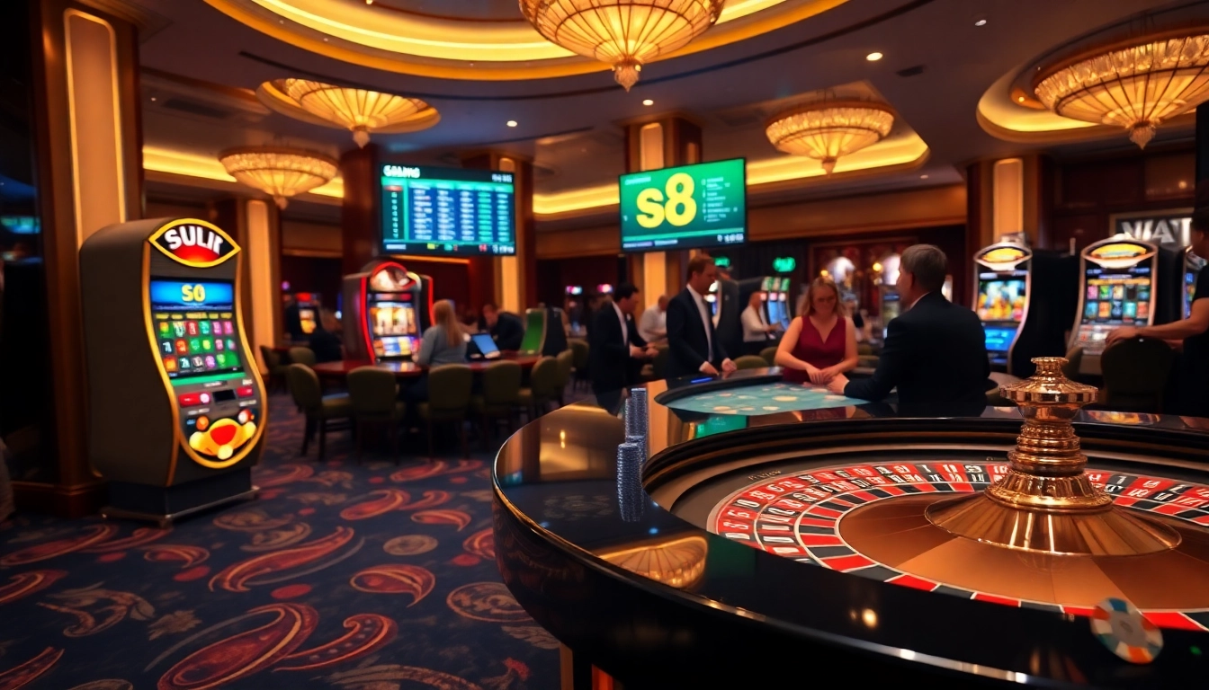 Exciting s8 casino experience with vibrant roulette table and poker chips on display.