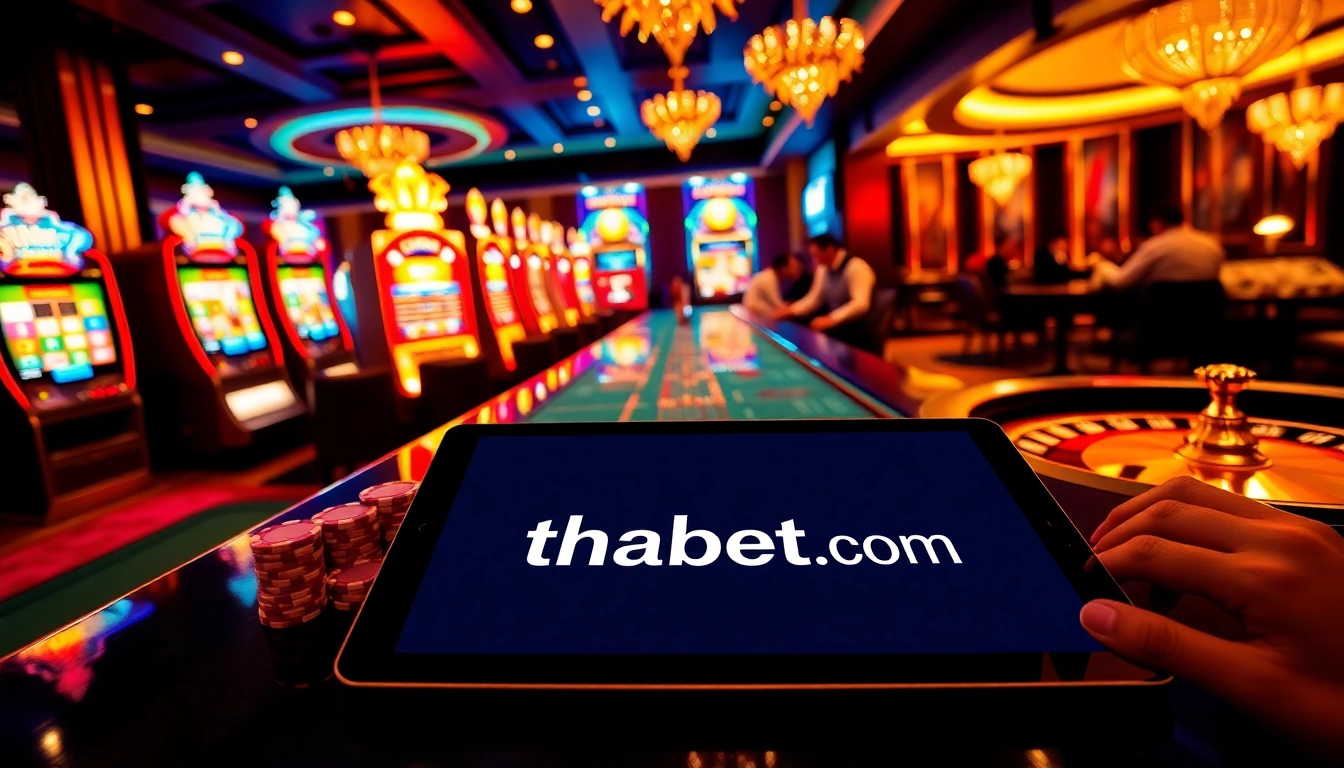 Engage in thrilling gaming action at thabet com with vibrant casino tables and slot machines.