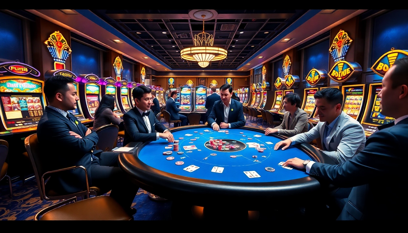 FLY88 players enjoying an exciting poker game at a luxurious casino table.