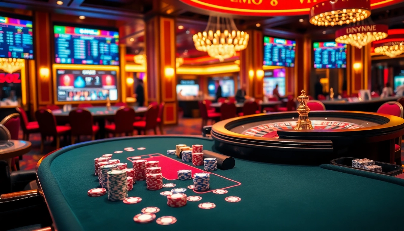 Experience red88 vip gambling excitement at a luxurious casino table with poker chips and vibrant colors.