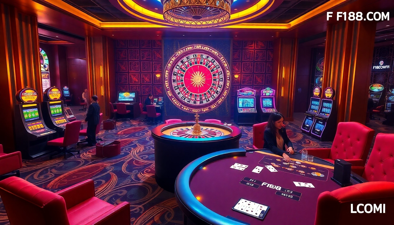 F168.COM showcases luxury gambling with a roulette wheel, poker table, and vibrant slot machines.