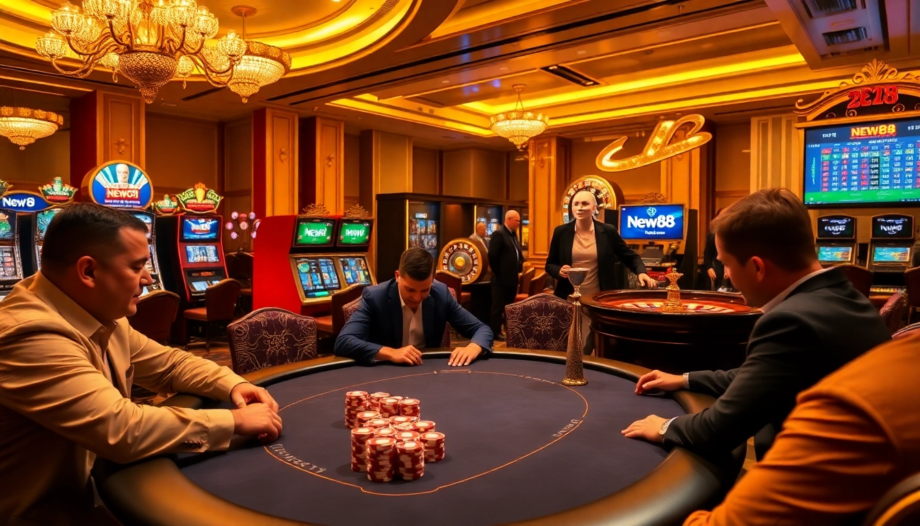 Playing poker at https://vnew88.vip/ in a vibrant casino setting filled with excitement and luxury.